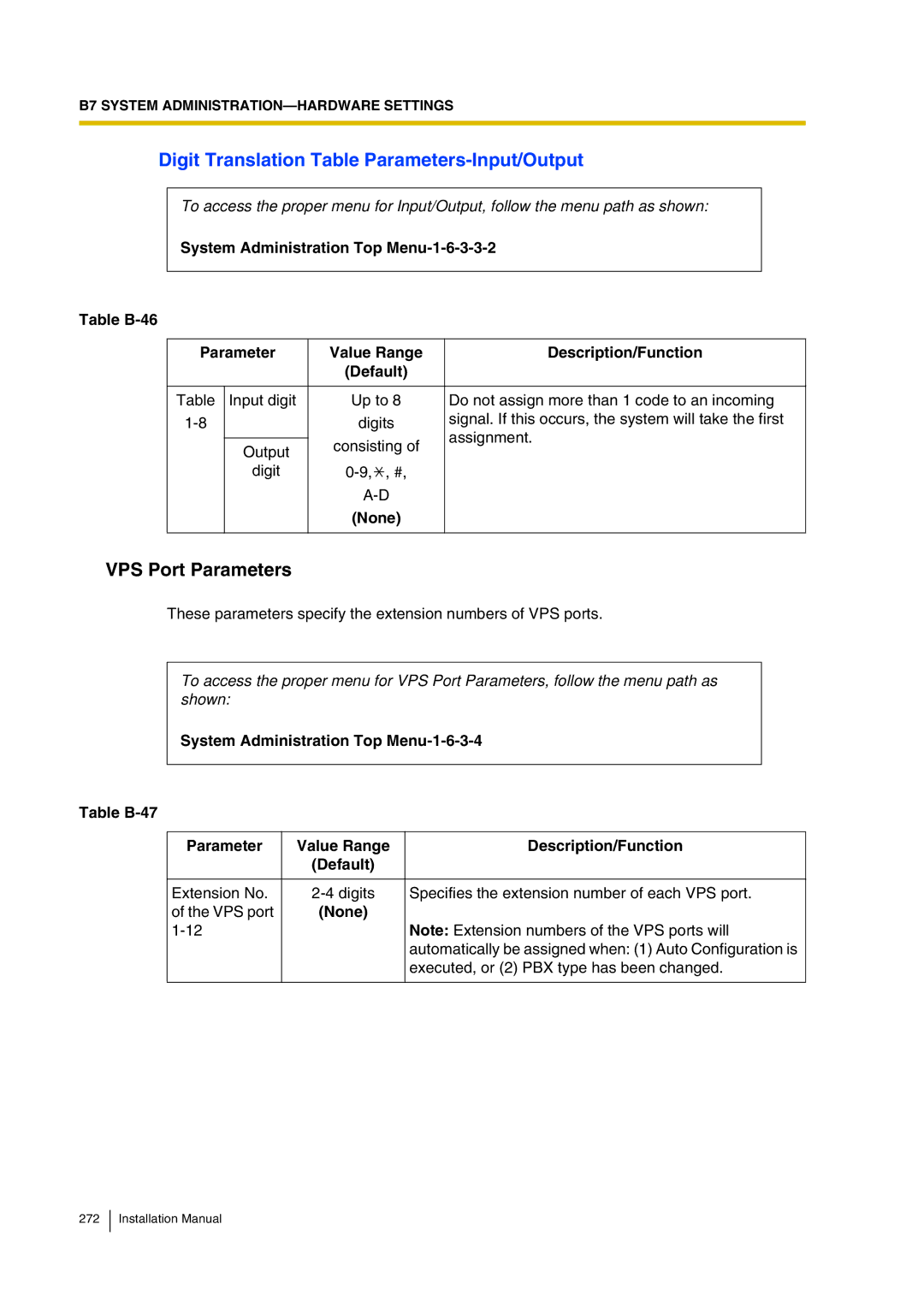 Panasonic KX-TVP200 installation manual Digit Translation Table Parameters-Input/Output, VPS Port Parameters 