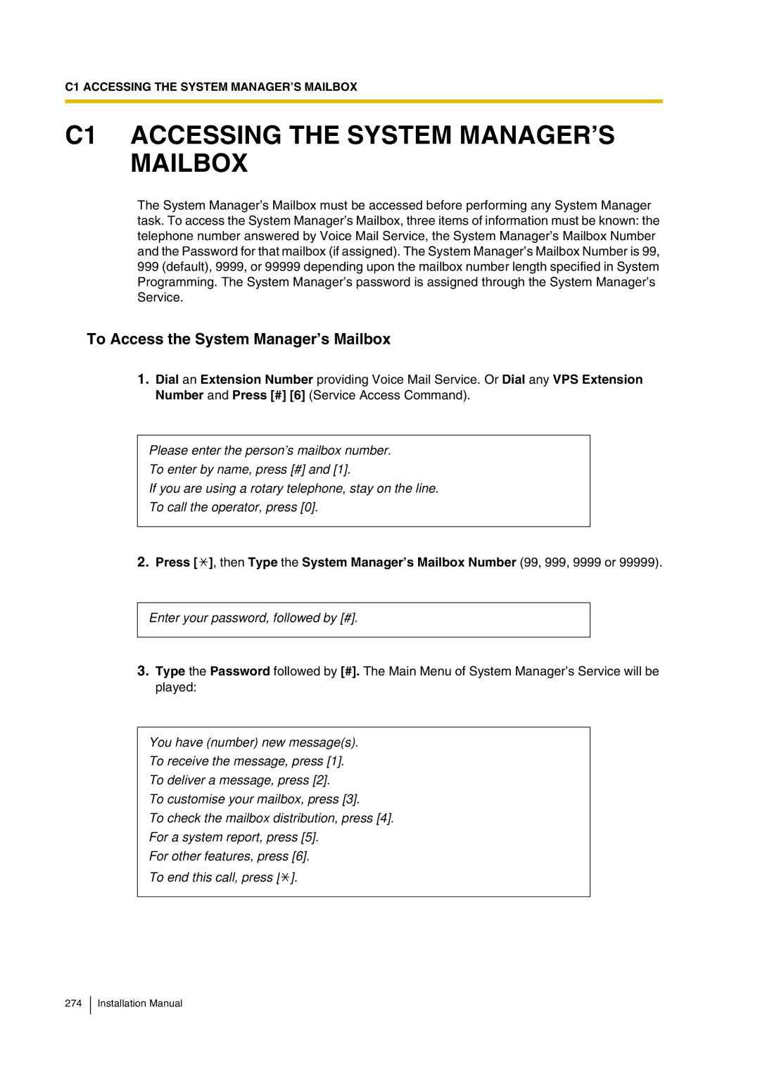 Panasonic KX-TVP200 installation manual C1 Accessing the System MANAGER’S Mailbox, To Access the System Manager’s Mailbox 