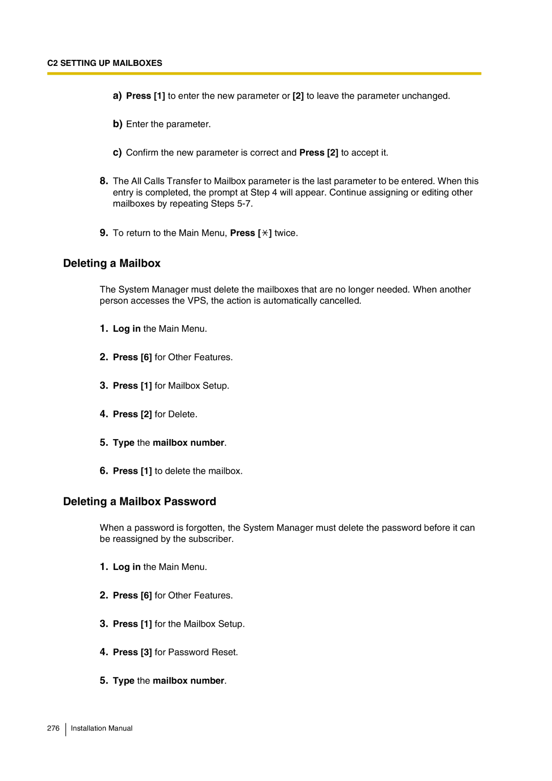 Panasonic KX-TVP200 installation manual Deleting a Mailbox Password 