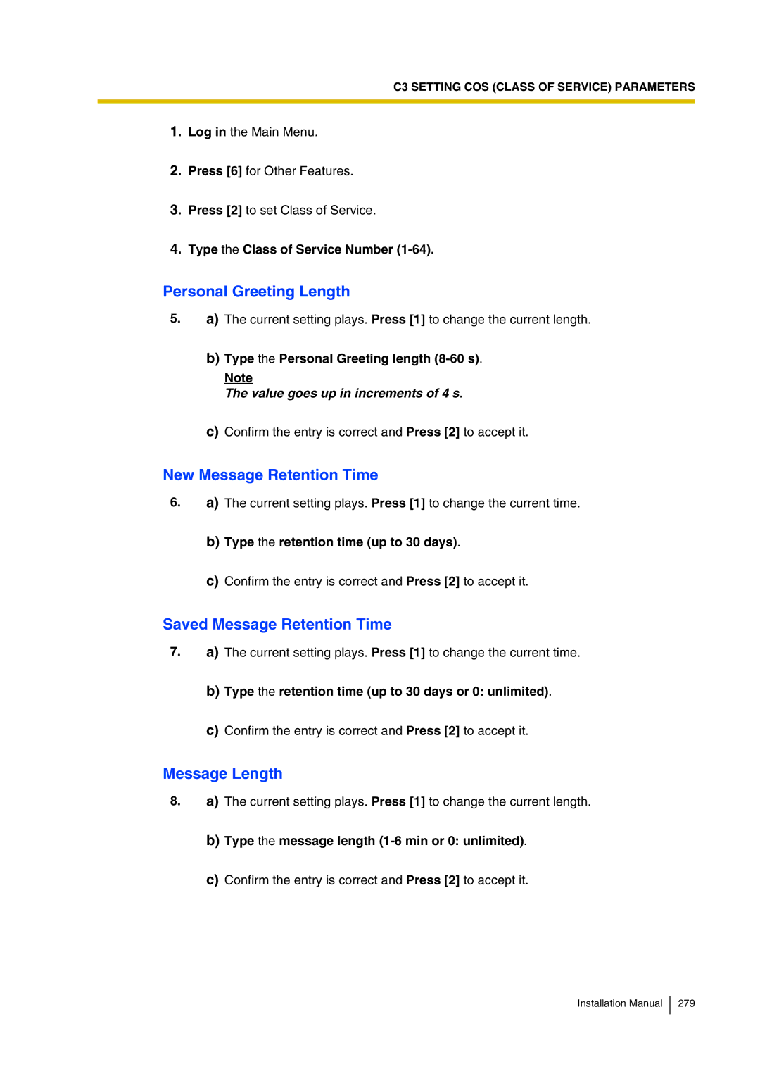 Panasonic KX-TVP200 Personal Greeting Length, New Message Retention Time, Saved Message Retention Time, Message Length 