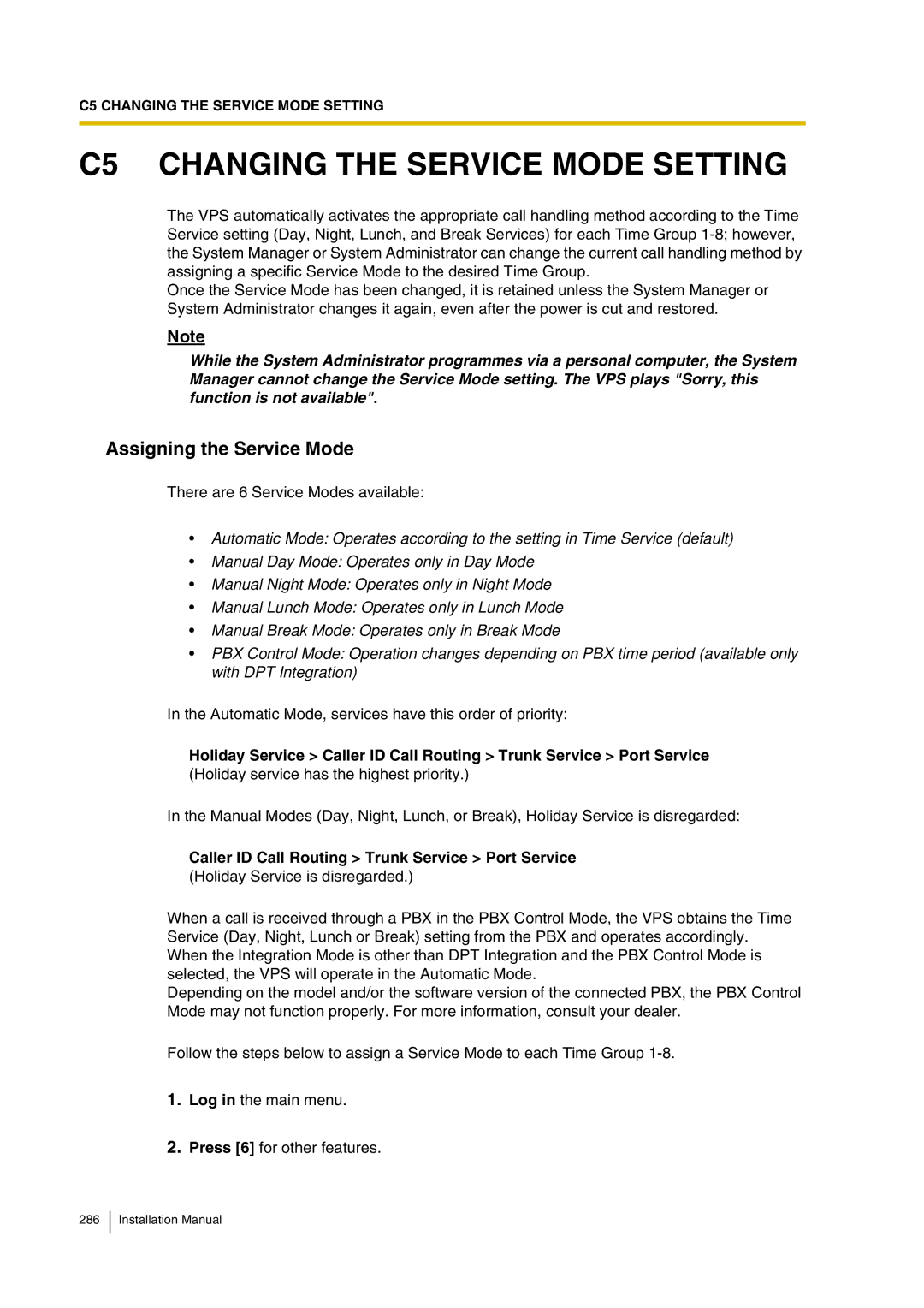 Panasonic KX-TVP200 installation manual C5 Changing the Service Mode Setting, Assigning the Service Mode 