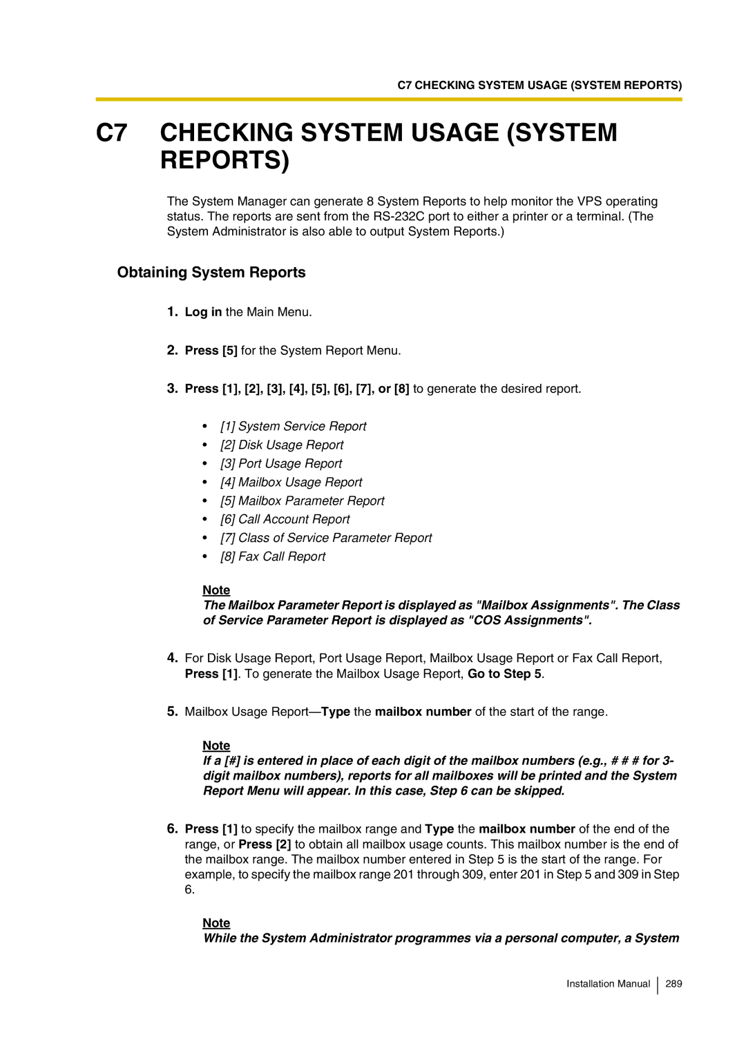 Panasonic KX-TVP200 installation manual C7 Checking System Usage System Reports, Obtaining System Reports 