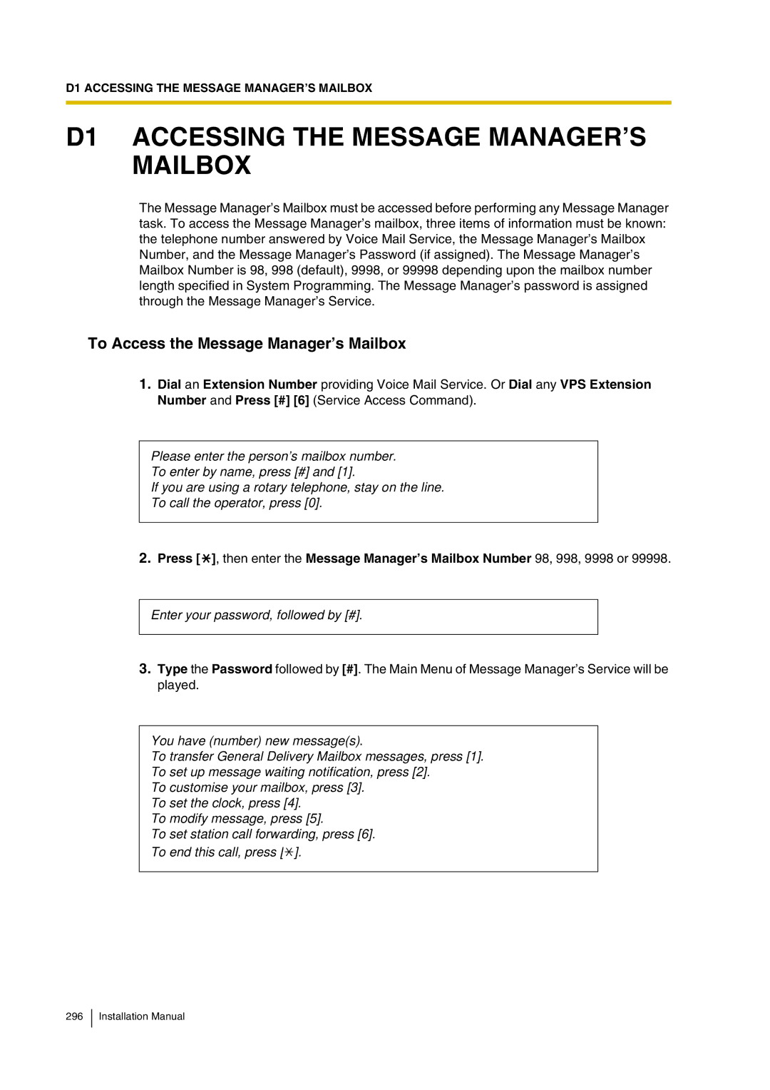 Panasonic KX-TVP200 installation manual D1 Accessing the Message MANAGER’S Mailbox, To Access the Message Manager’s Mailbox 