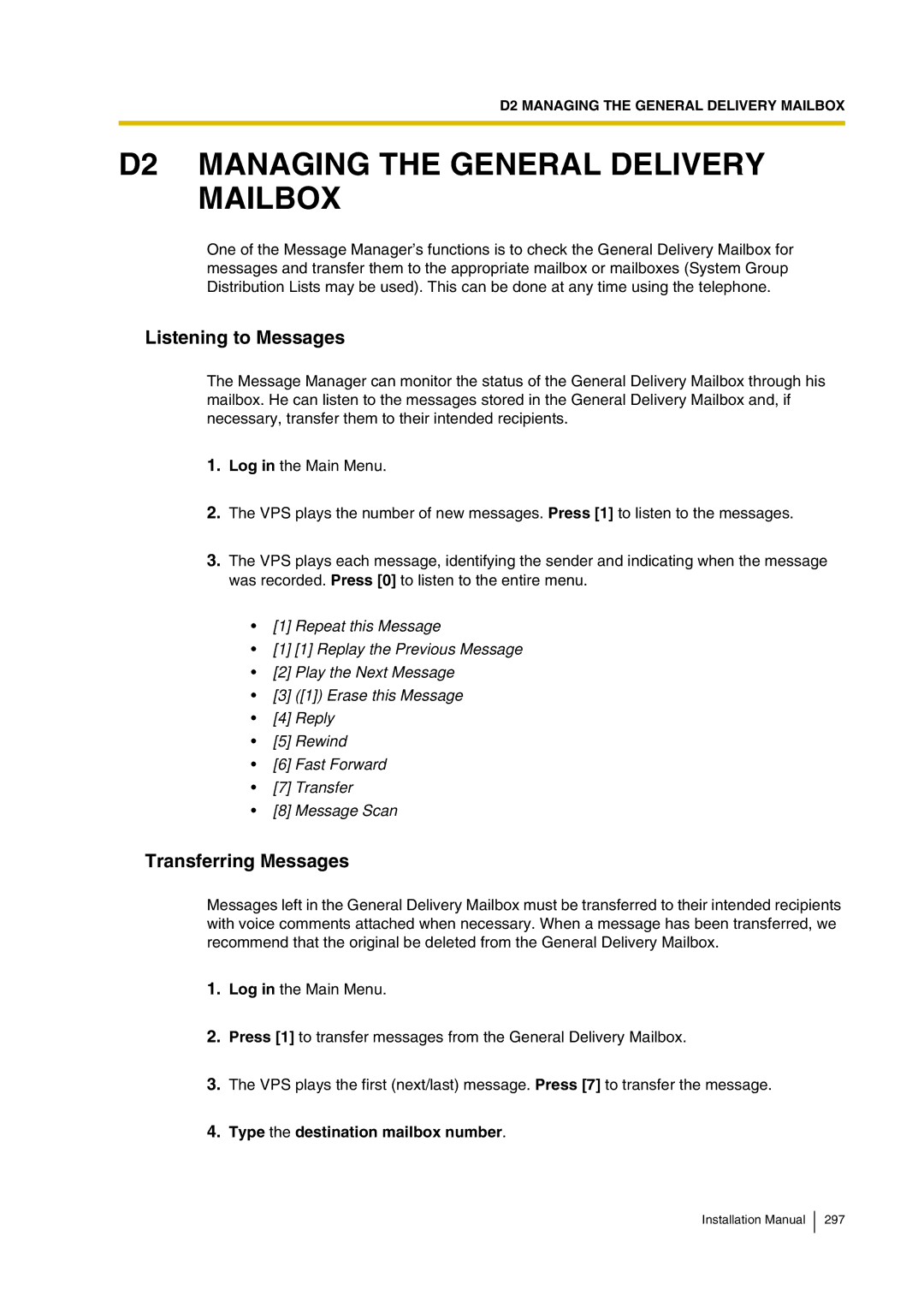 Panasonic KX-TVP200 D2 Managing the General Delivery Mailbox, Listening to Messages, Transferring Messages 