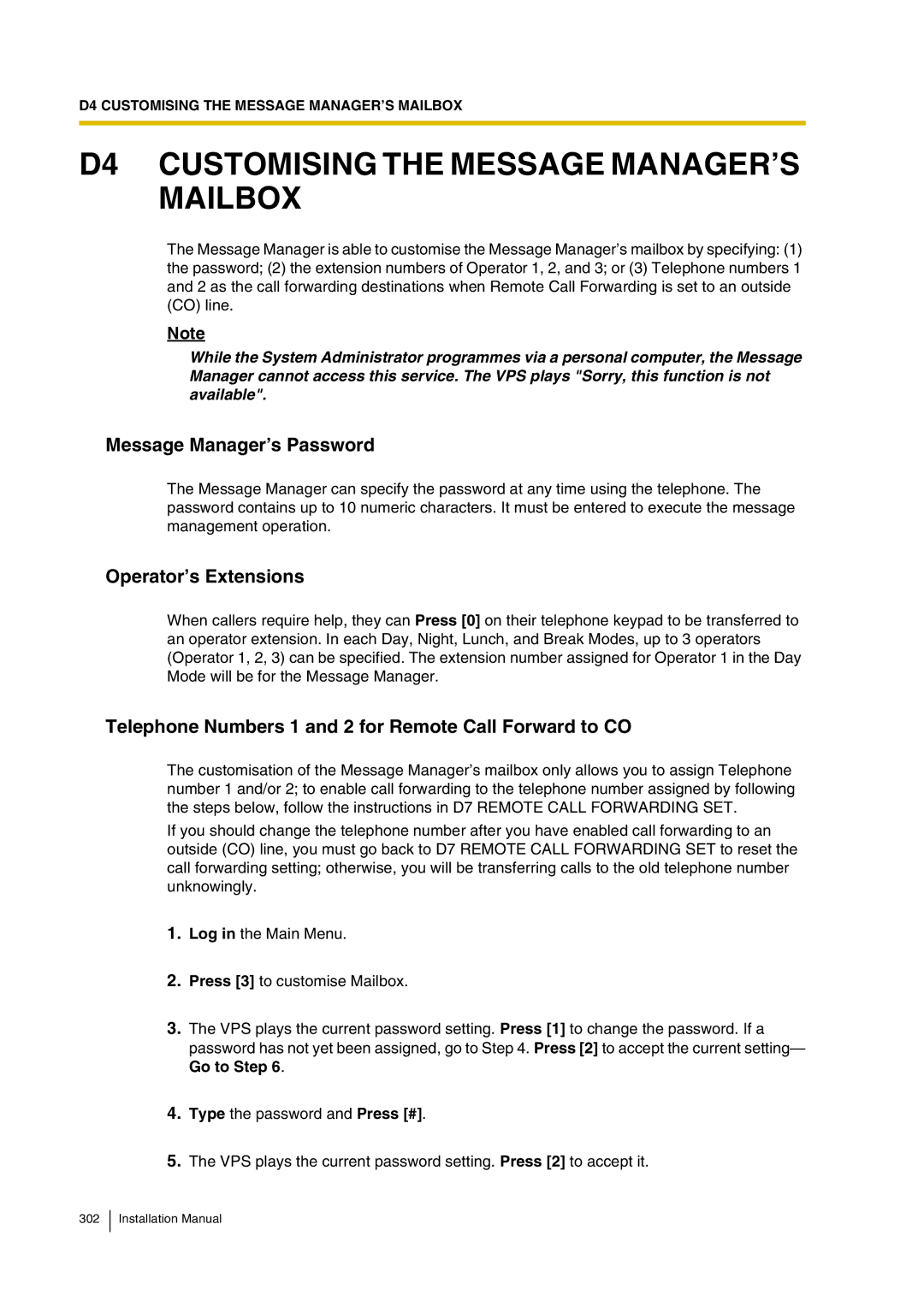 Panasonic KX-TVP200 D4 Customising the Message MANAGER’S Mailbox, Message Manager’s Password, Operator’s Extensions 