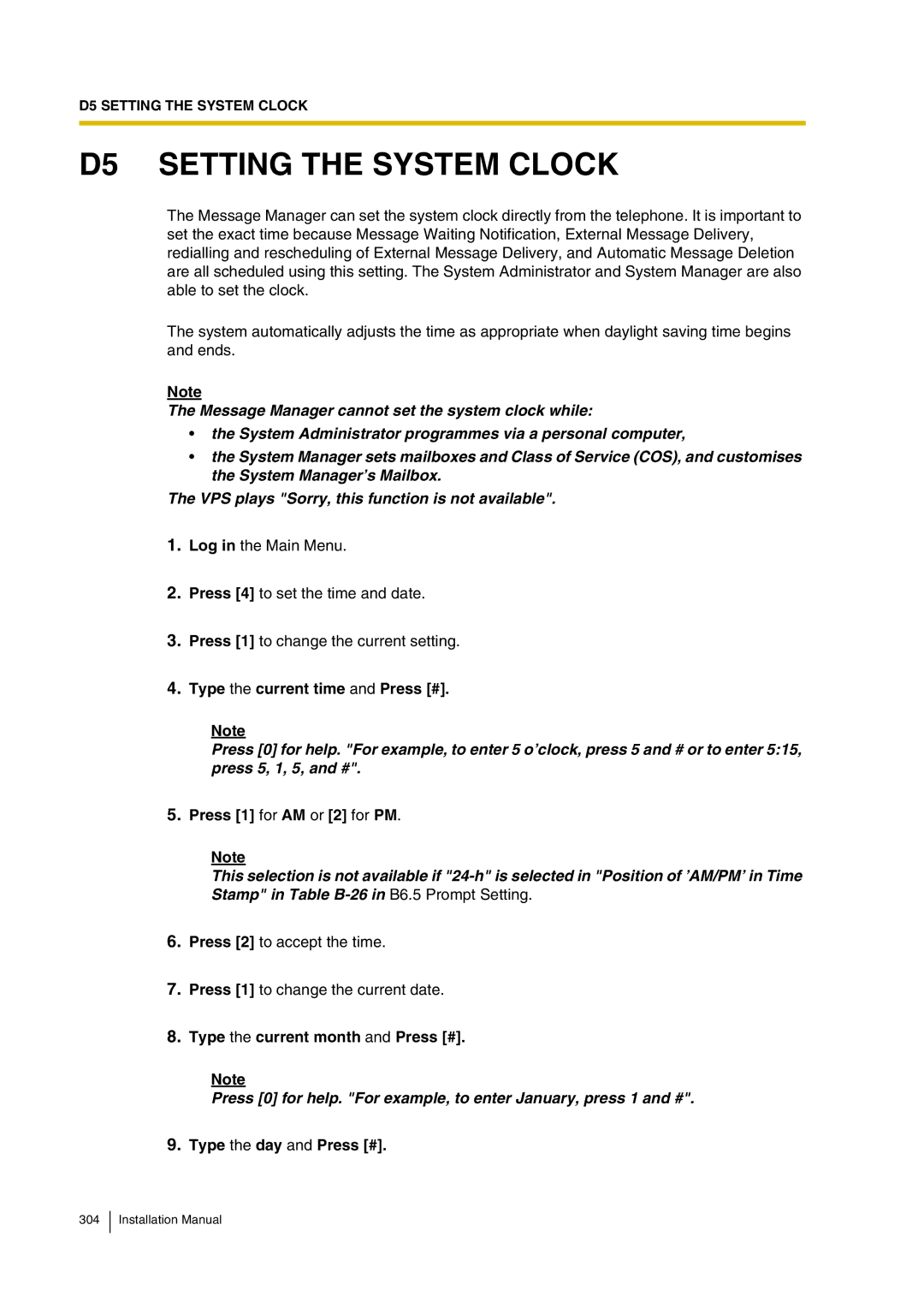 Panasonic KX-TVP200 installation manual D5 Setting the System Clock, Type the day and Press # 