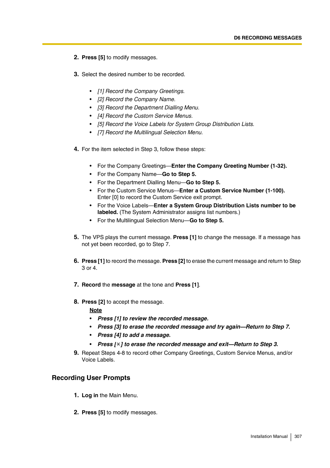 Panasonic KX-TVP200 installation manual Recording User Prompts, For the Company Greetings-Enter the Company Greeting Number 