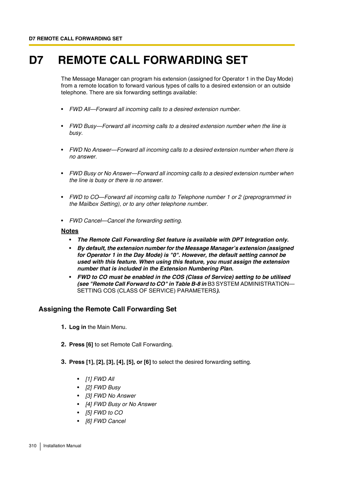 Panasonic KX-TVP200 installation manual D7 Remote Call Forwarding SET, Assigning the Remote Call Forwarding Set 