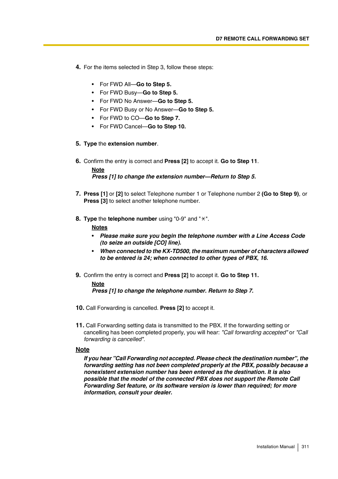 Panasonic KX-TVP200 installation manual For FWD All-Go to Step, Press 1 to change the extension number-Return to Step 