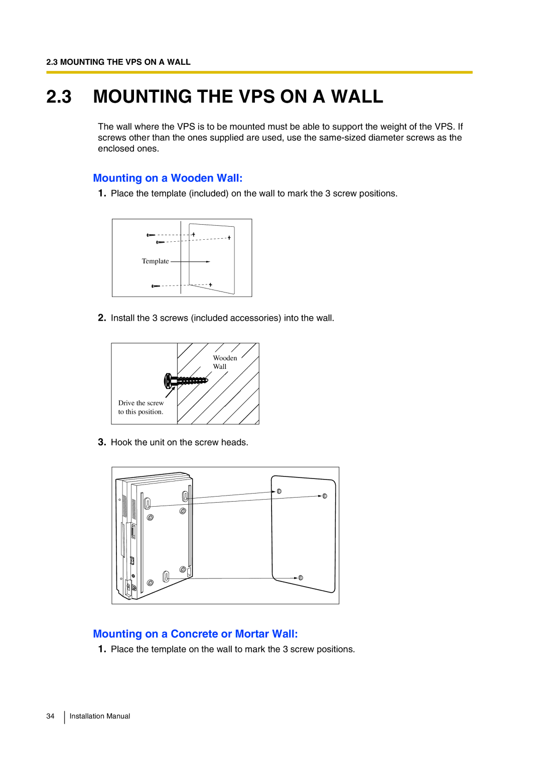 Panasonic KX-TVP200 Mounting the VPS on a Wall, Mounting on a Wooden Wall, Mounting on a Concrete or Mortar Wall 