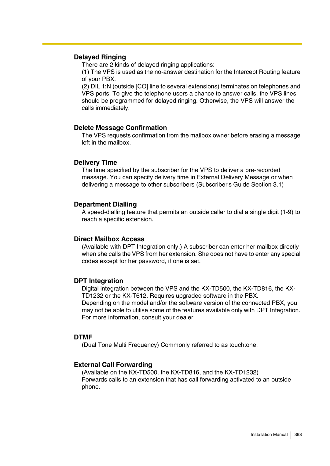 Panasonic KX-TVP200 Delayed Ringing, Delete Message Confirmation, Delivery Time, Department Dialling, DPT Integration 