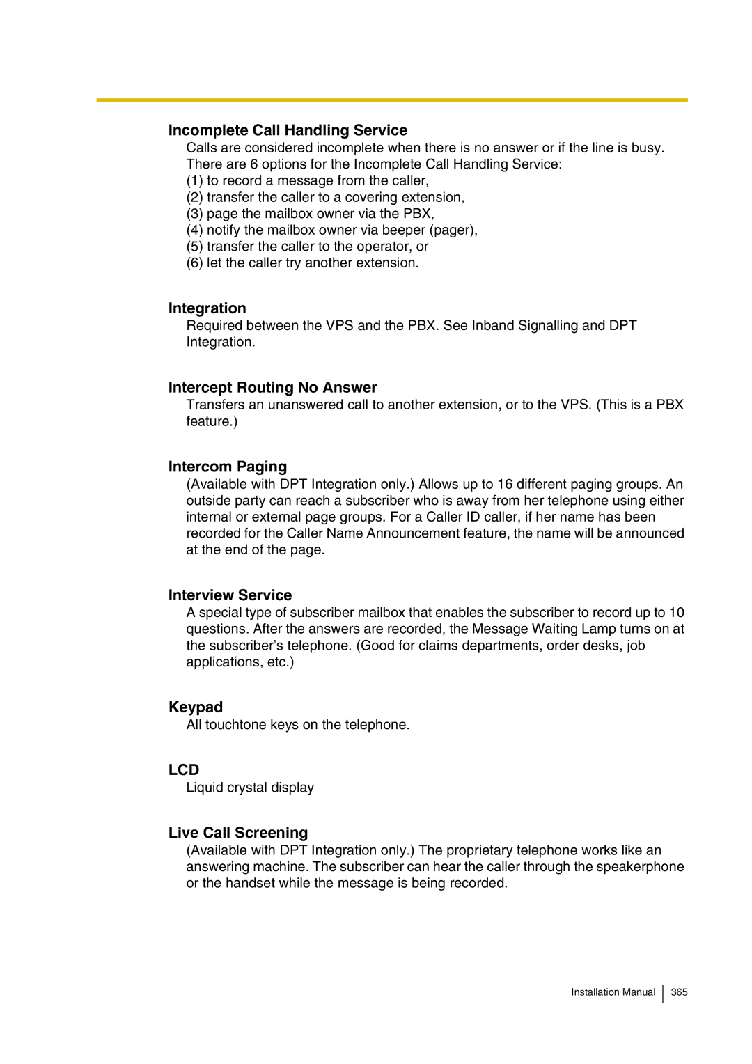 Panasonic KX-TVP200 Incomplete Call Handling Service, Integration, Intercept Routing No Answer, Intercom Paging, Keypad 