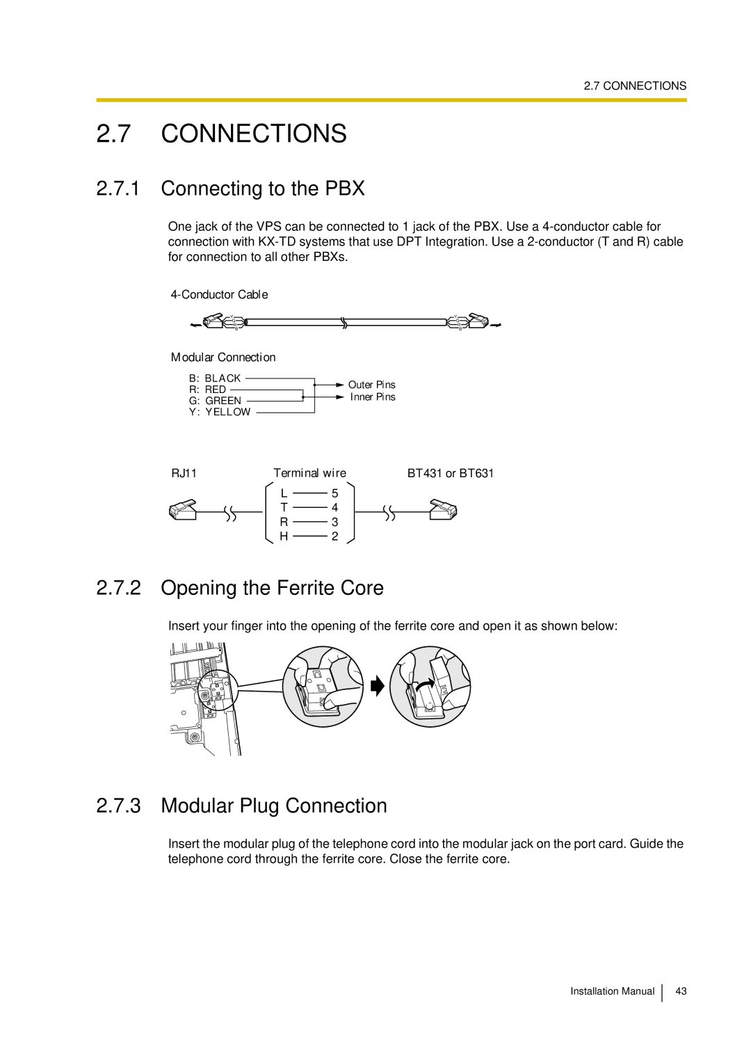 Panasonic KX-TVP200 Connections, Connecting to the PBX, Opening the Ferrite Core, Modular Plug Connection 