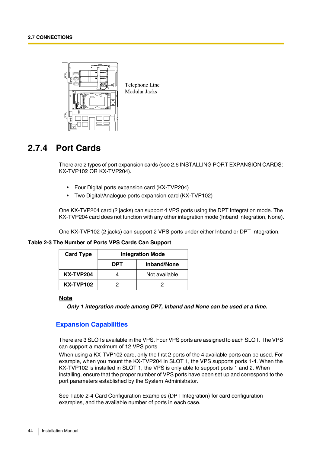 Panasonic KX-TVP200 installation manual Port Cards, Expansion Capabilities, Inband/None, KX-TVP204 Not available KX-TVP102 