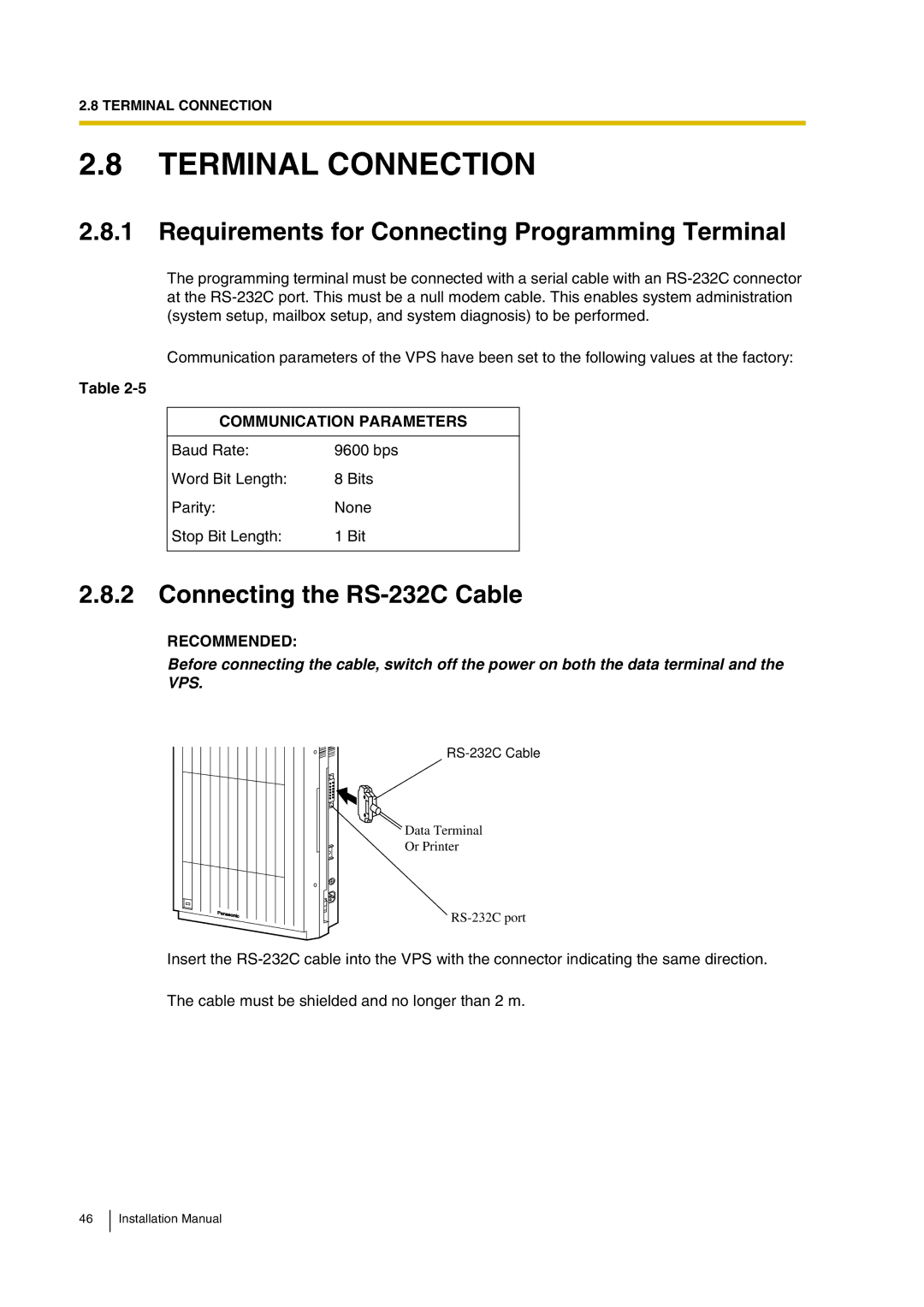 Panasonic KX-TVP200 Terminal Connection, Requirements for Connecting Programming Terminal, Connecting the RS-232C Cable 