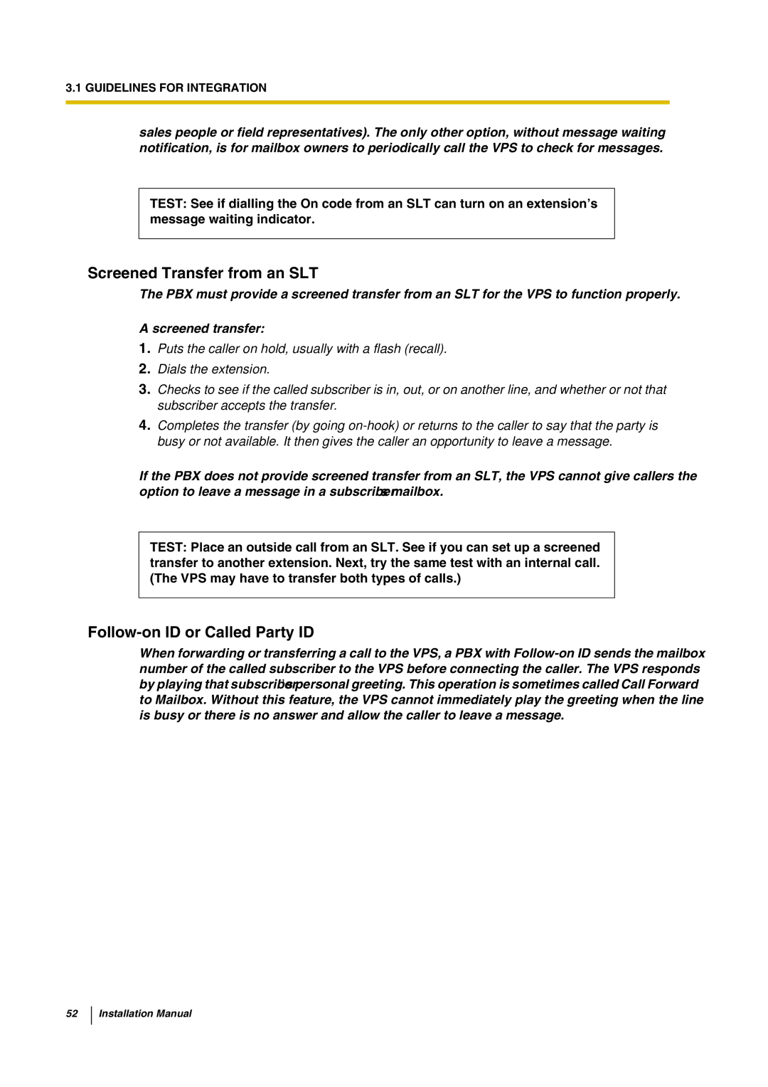 Panasonic KX-TVP200 installation manual Screened Transfer from an SLT, Follow-on ID or Called Party ID 