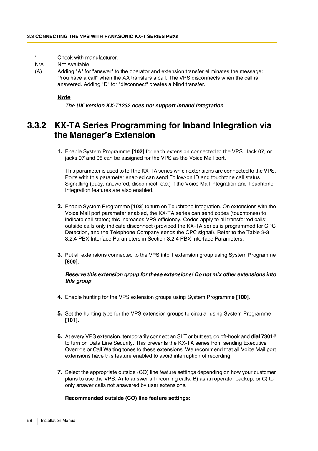 Panasonic KX-TVP200 UK version KX-T1232 does not support Inband Integration, Recommended outside CO line feature settings 