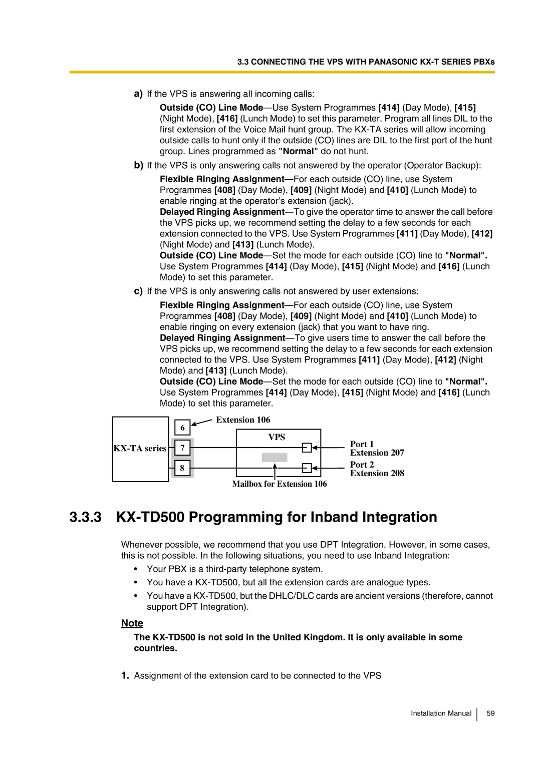 Panasonic KX-TVP200 installation manual KX-TD500 Programming for Inband Integration 