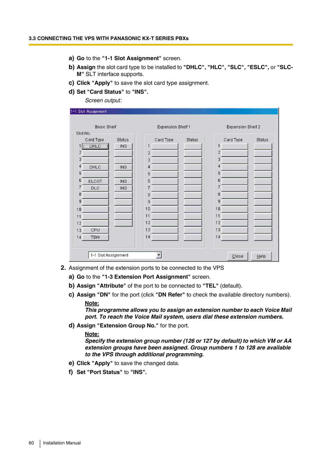 Panasonic KX-TVP200 Set Card Status to INS, Screen output, Go to the 1-3 Extension Port Assignment screen 