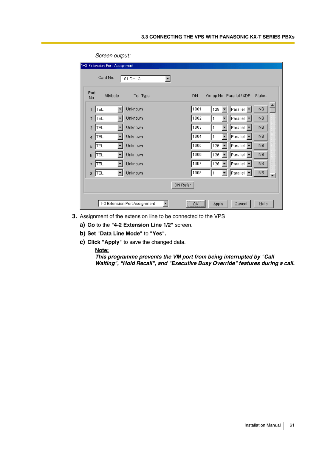 Panasonic KX-TVP200 installation manual Assignment of the extension line to be connected to the VPS 