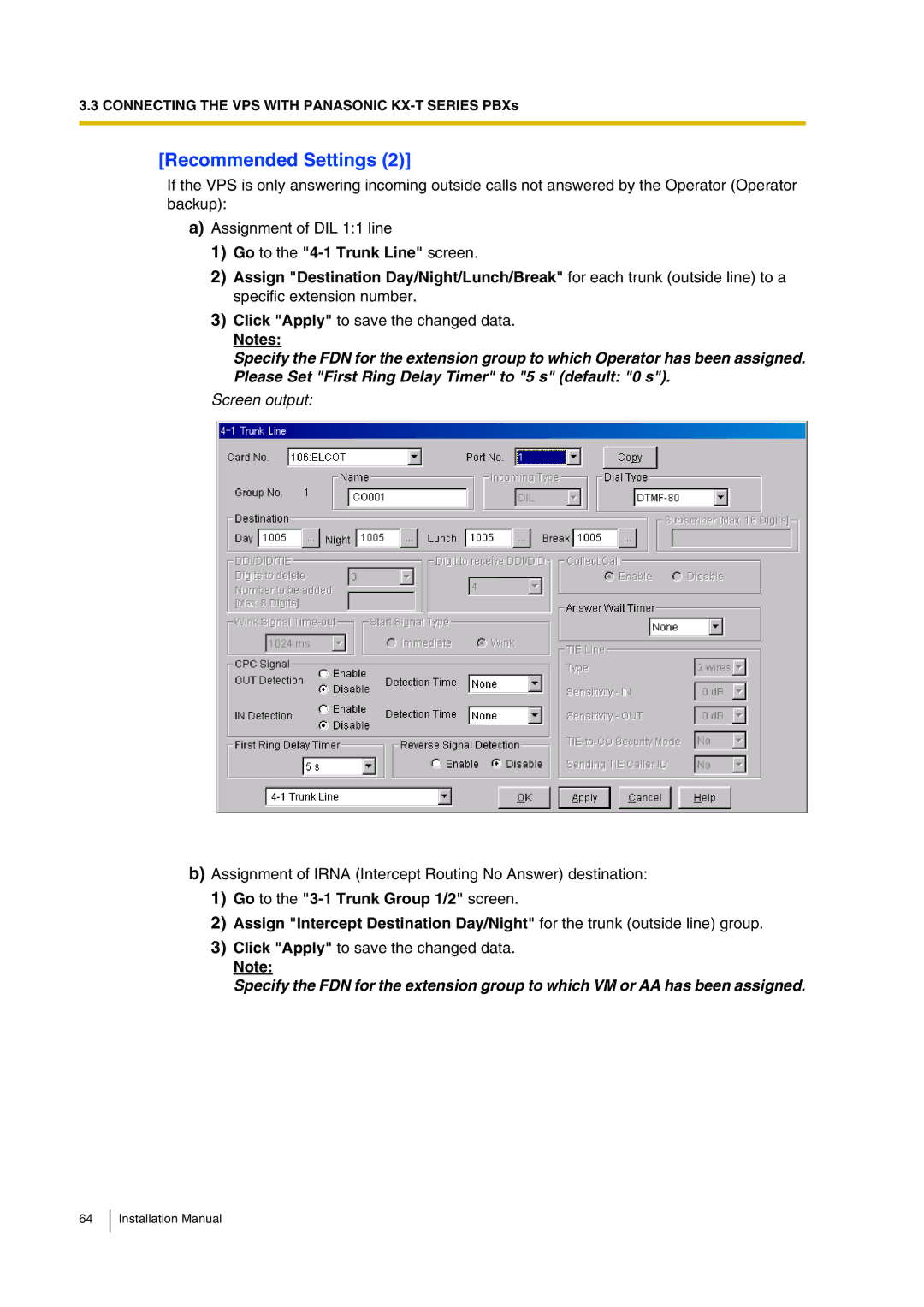 Panasonic KX-TVP200 installation manual Assignment of Irna Intercept Routing No Answer destination 