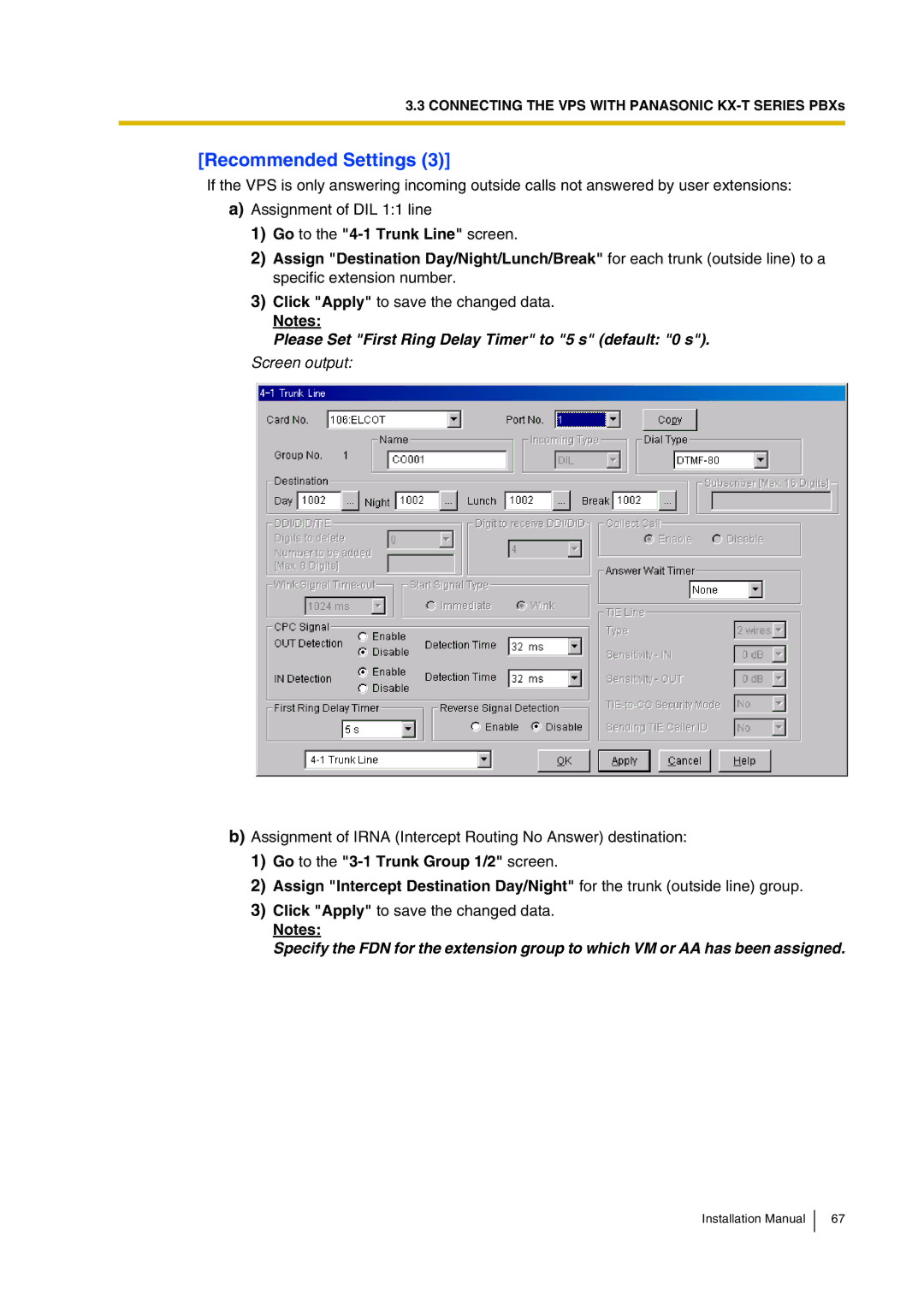 Panasonic KX-TVP200 installation manual Recommended Settings, Please Set First Ring Delay Timer to 5 s default 0 s 