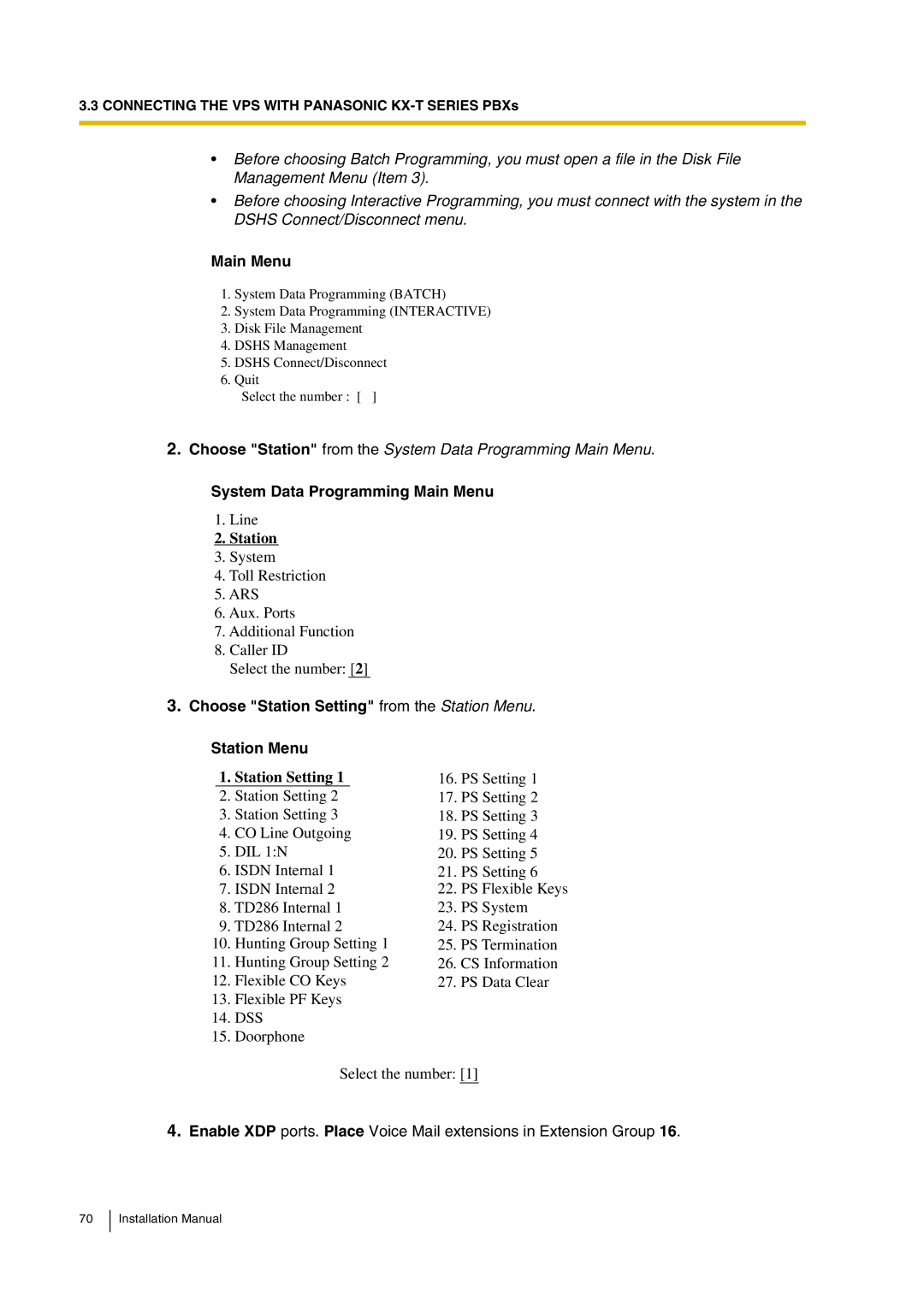 Panasonic KX-TVP200 installation manual Choose Station from the System Data Programming Main Menu 