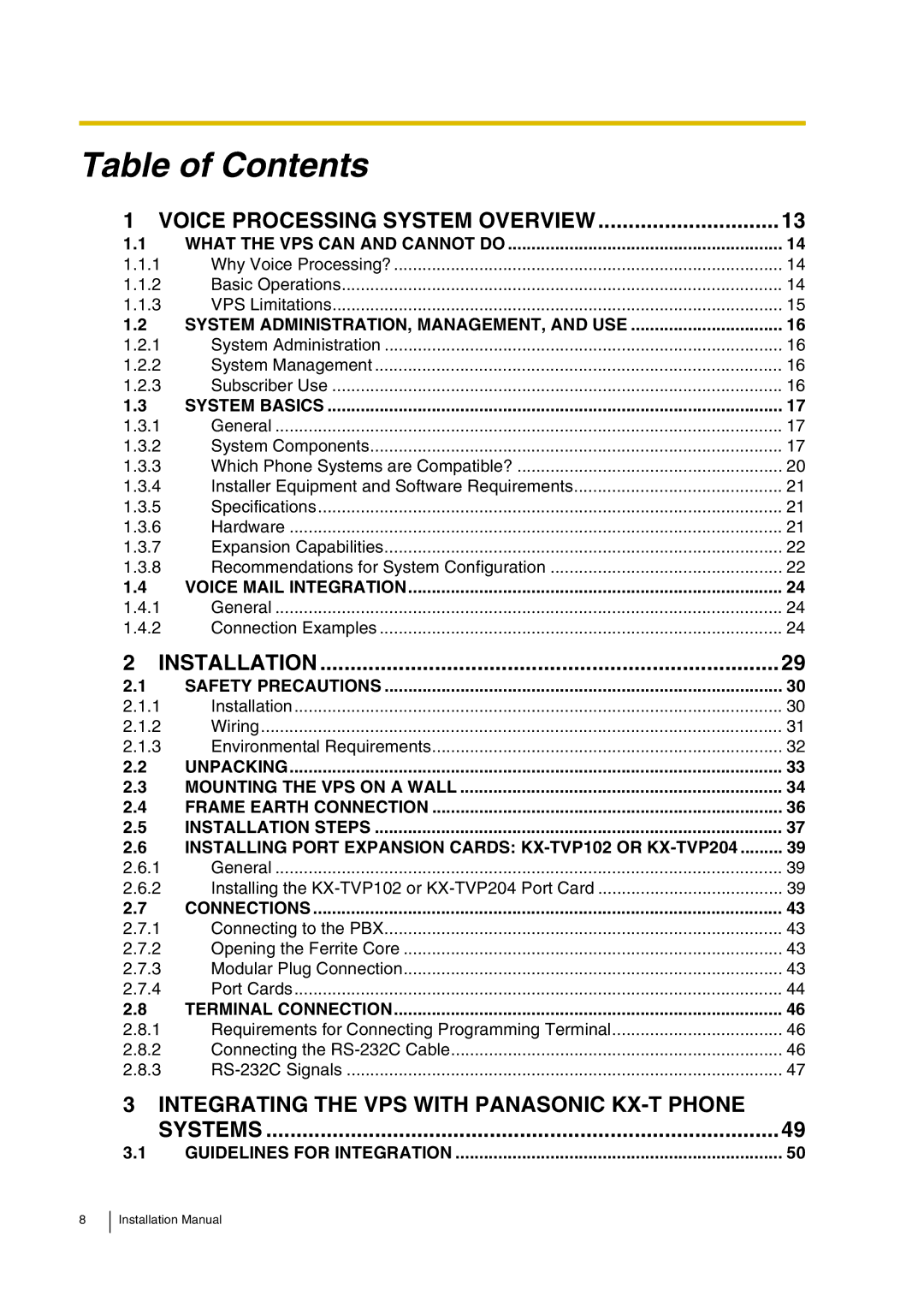 Panasonic KX-TVP200 installation manual Table of Contents 