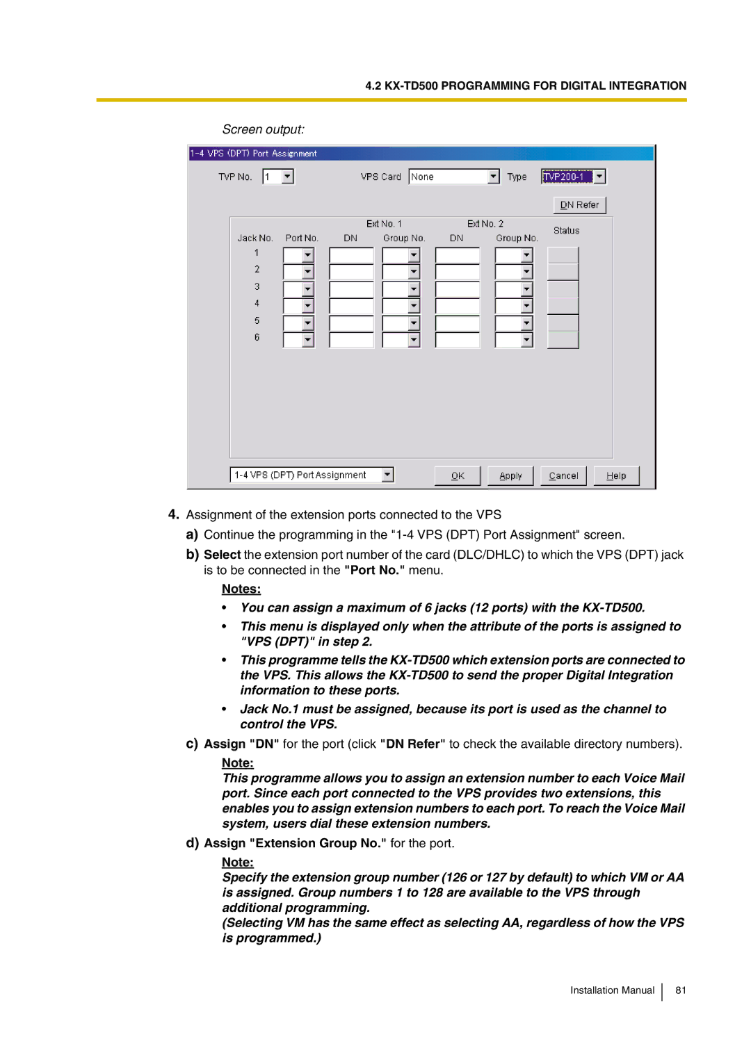 Panasonic KX-TVP200 installation manual Assign Extension Group No. for the port 