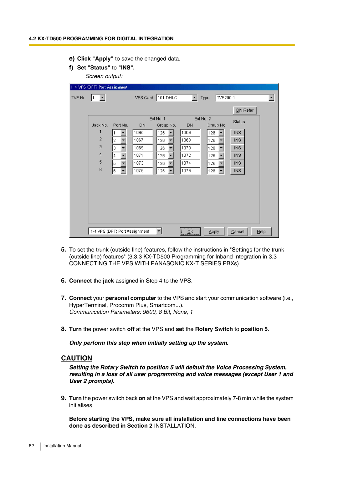 Panasonic KX-TVP200 installation manual Set Status to INS, Communication Parameters 9600, 8 Bit, None 