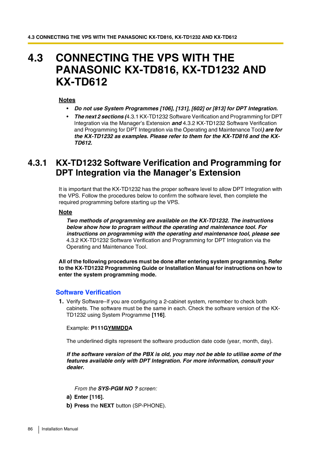 Panasonic KX-TVP200 installation manual Software Verification, From the SYS-PGM no ? screen, Enter 