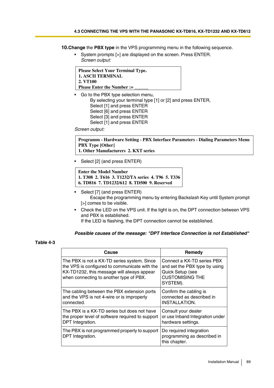 Panasonic KX-TVP200 installation manual Cause Remedy, Installation 