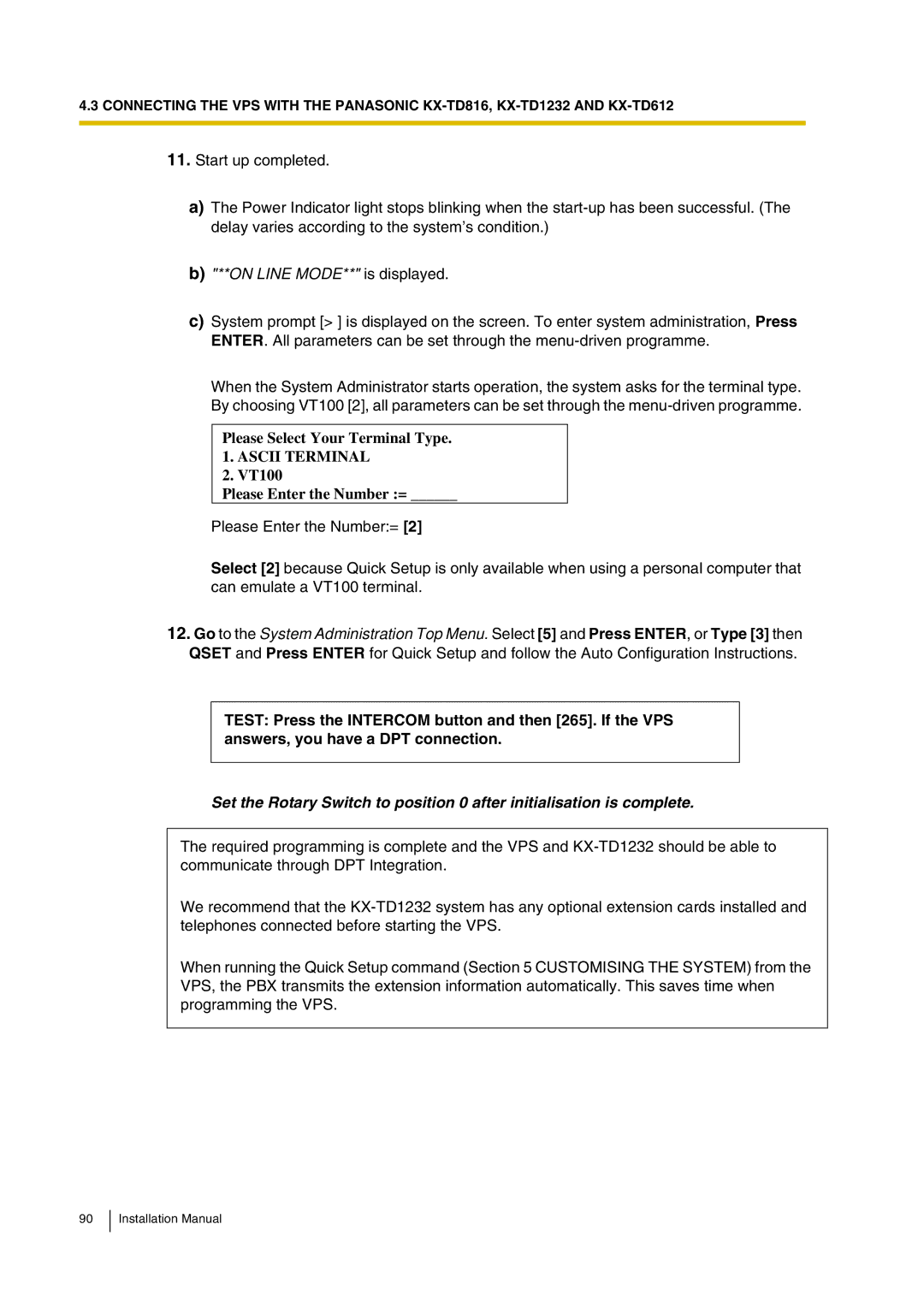 Panasonic KX-TVP200 installation manual On Line MODE** is displayed 