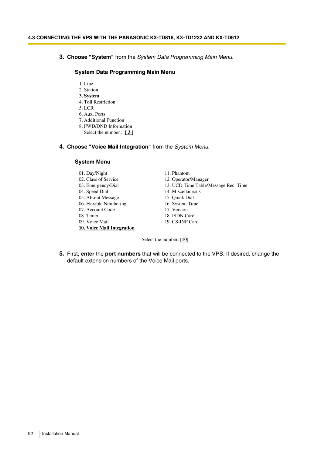 Panasonic KX-TVP200 installation manual Choose System from the System Data Programming Main Menu 