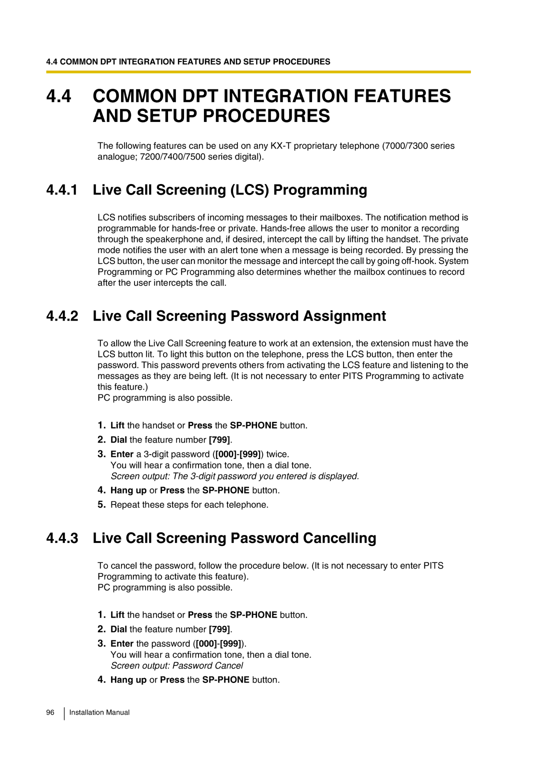 Panasonic KX-TVP200 Common DPT Integration Features and Setup Procedures, Live Call Screening LCS Programming 