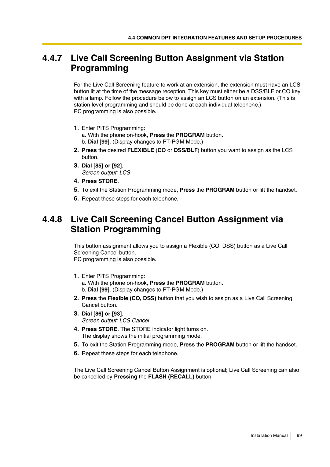 Panasonic KX-TVP200 installation manual Dial 85 or 92. Screen output LCS Press Store, Dial 86 or, Screen output LCS Cancel 