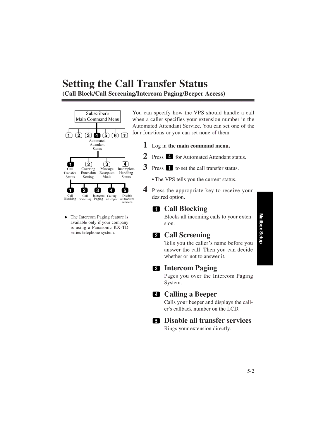 Panasonic KX-TVP200E manual Setting the Call Transfer Status 