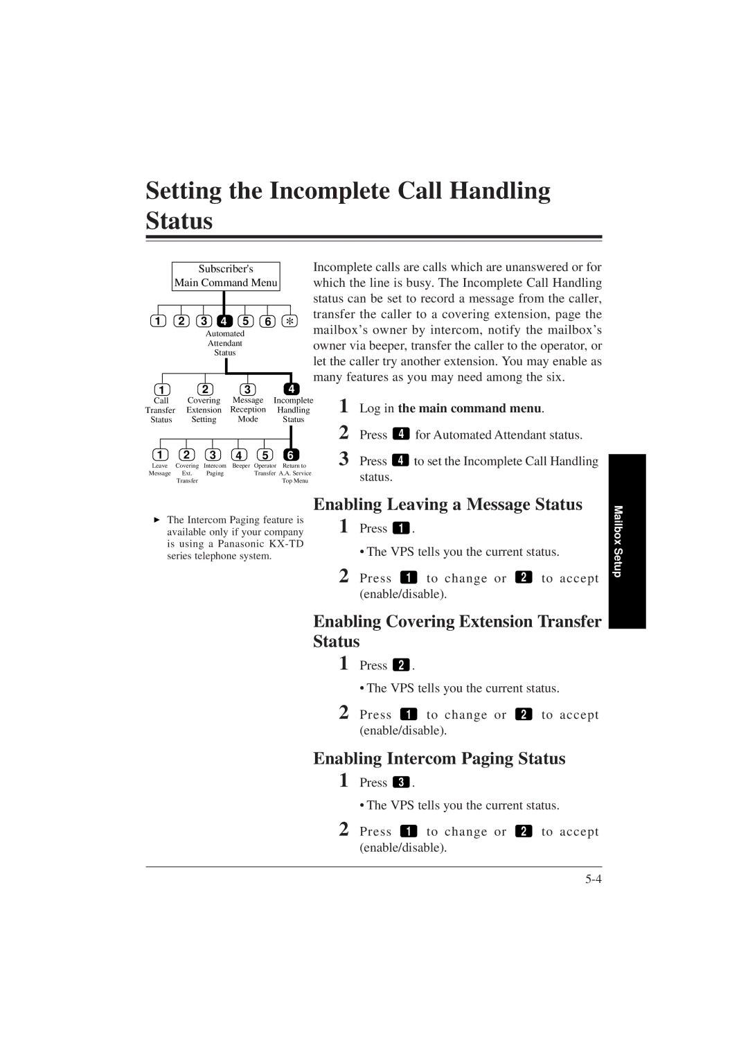 Panasonic KX-TVP200E manual Setting the Incomplete Call Handling Status, Enabling Leaving a Message Status 