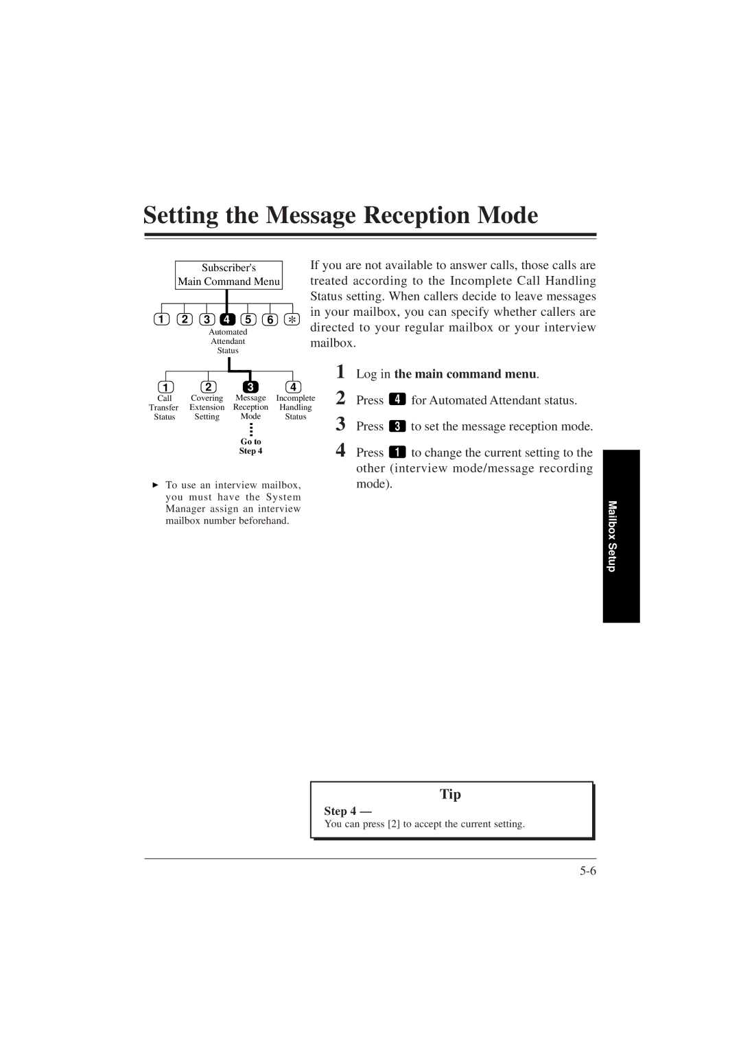 Panasonic KX-TVP200E manual Setting the Message Reception Mode, To set the message reception mode 