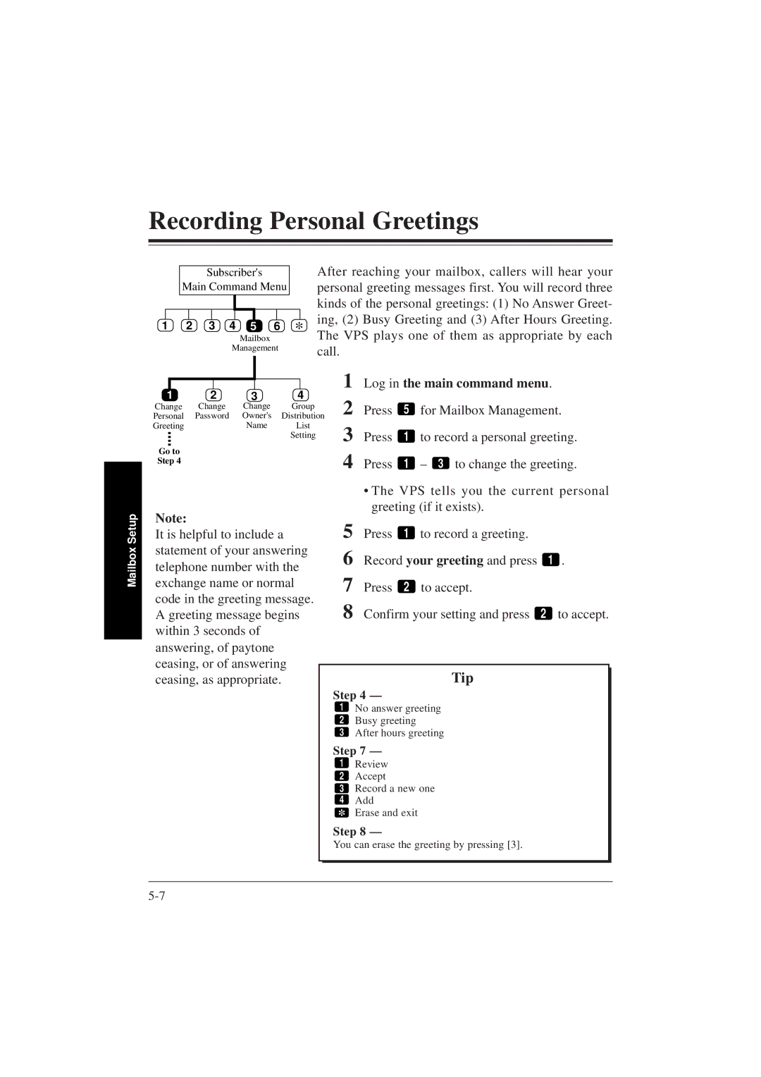 Panasonic KX-TVP200E Recording Personal Greetings, For Mailbox Management, To change the greeting, Ceasing, as appropriate 