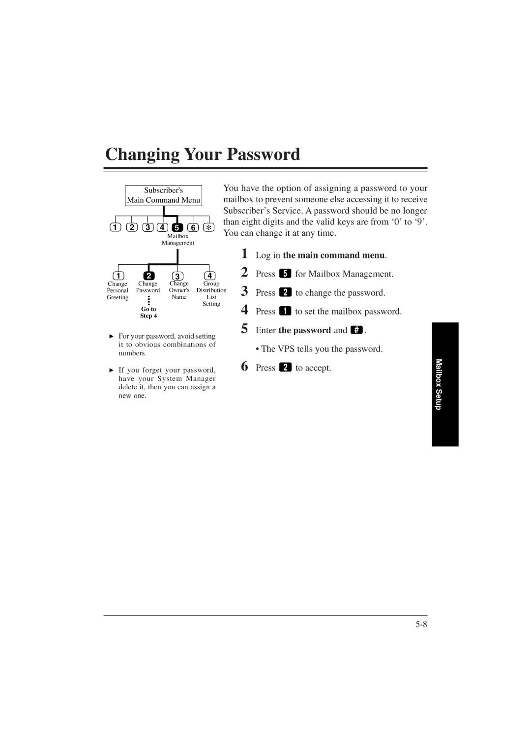 Panasonic KX-TVP200E manual Changing Your Password, You can change it at any time, VPS tells you the password 