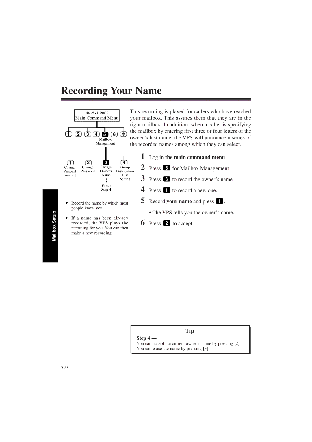 Panasonic KX-TVP200E manual Recording Your Name, Press For Mailbox Management 