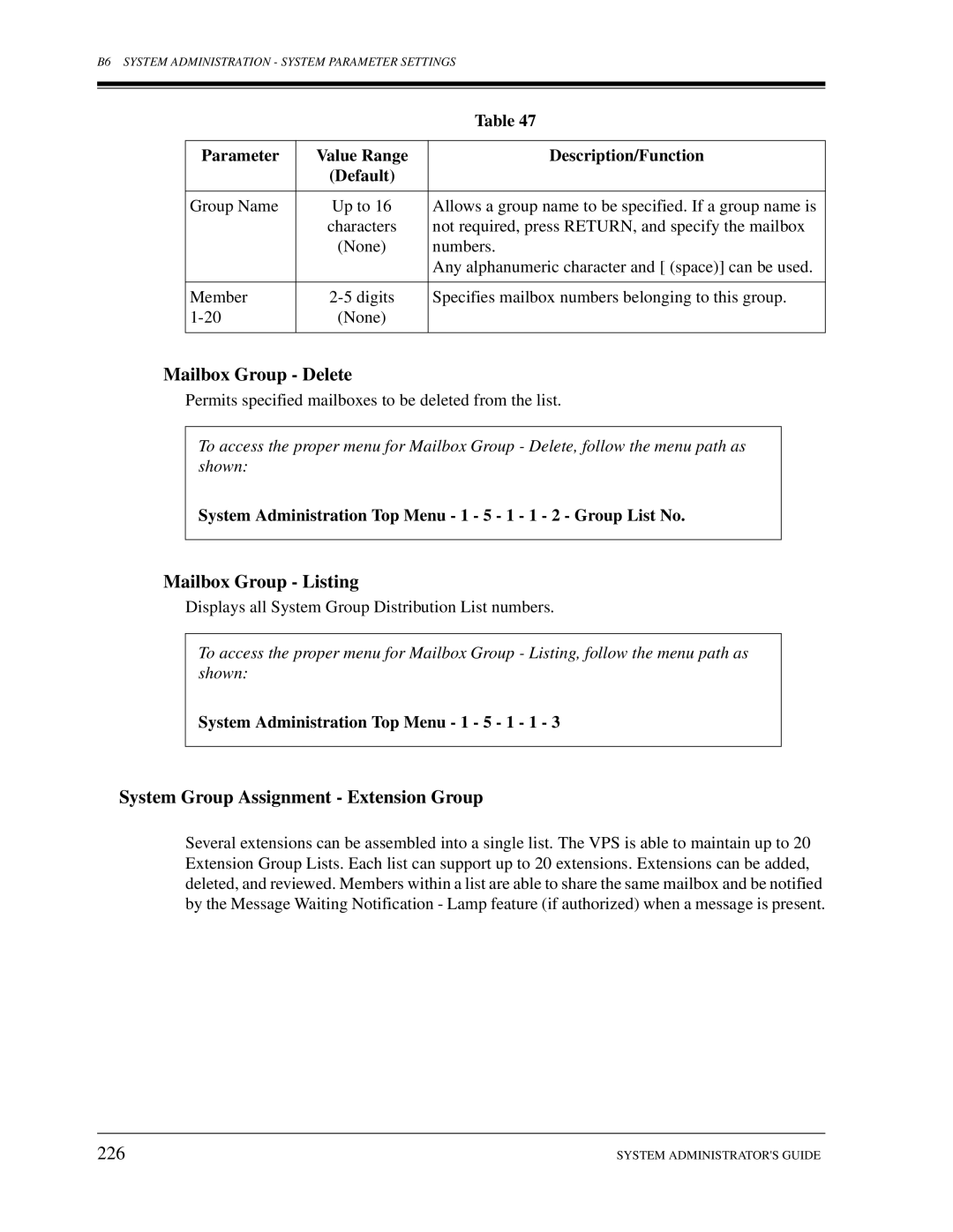 Panasonic KX-TVS50, KX-TVS80 Mailbox Group Delete, Mailbox Group Listing, System Group Assignment Extension Group, 226 