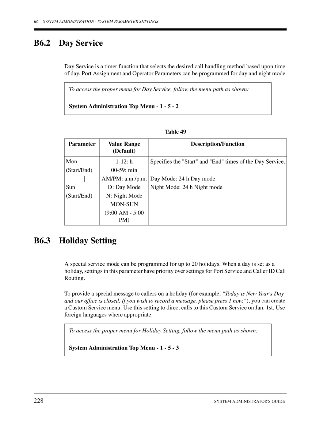 Panasonic KX-TVS50, KX-TVS80 B6.2 Day Service, B6.3 Holiday Setting, 228, System Administration Top Menu 1 5 Parameter 