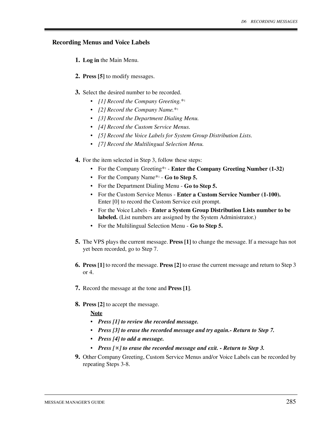 Panasonic KX-TVS80, KX-TVS50 installation manual Recording Menus and Voice Labels, 285 