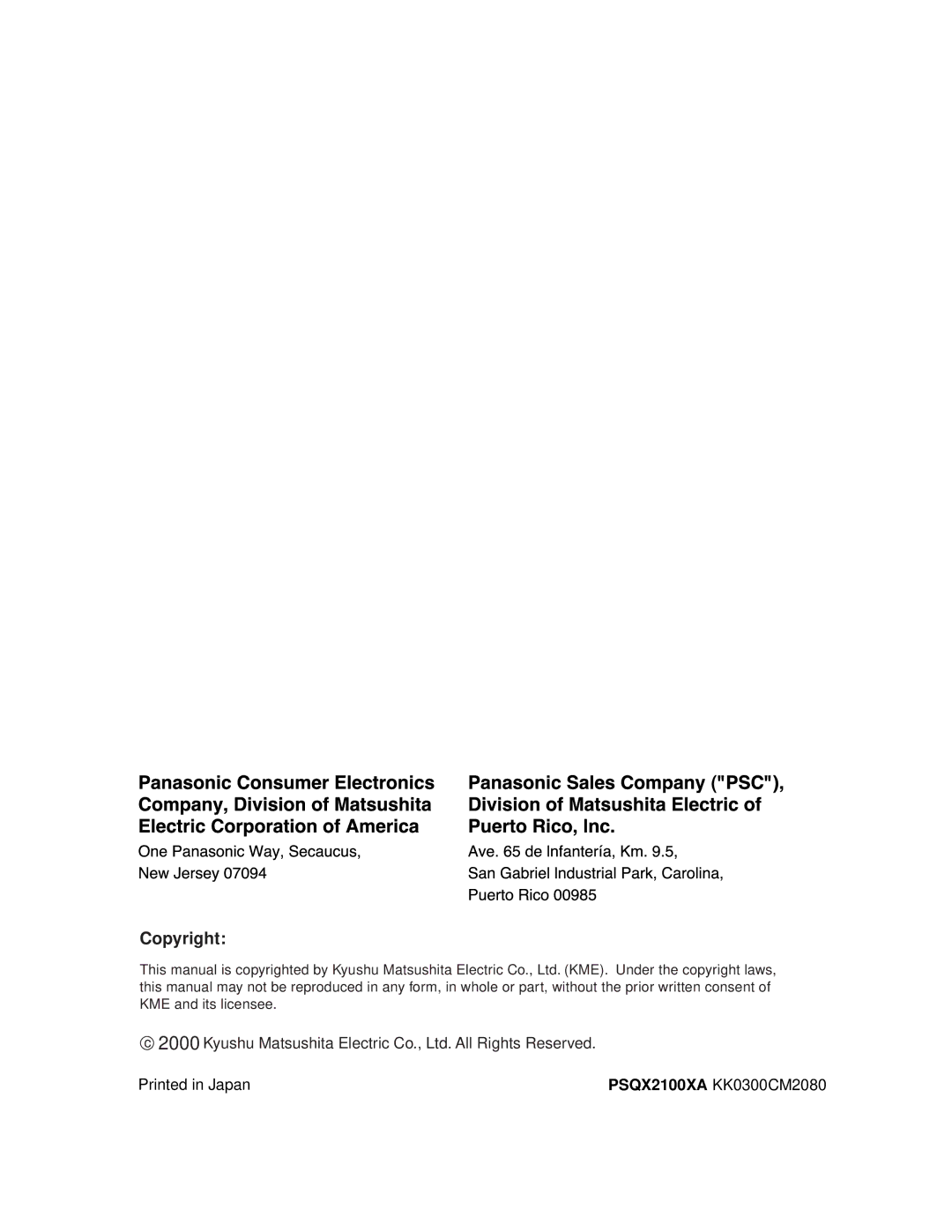 Panasonic KX-TVS50, KX-TVS80 installation manual Copyright 