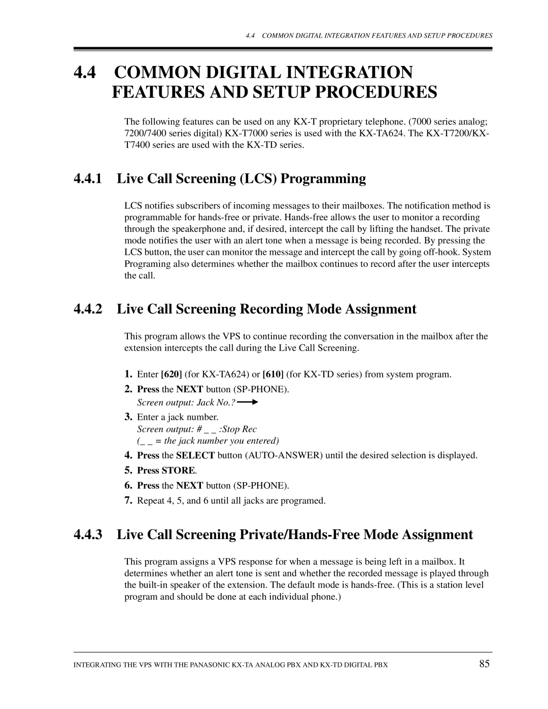 Panasonic KX-TVS80, KX-TVS50 Live Call Screening LCS Programming, Live Call Screening Recording Mode Assignment 