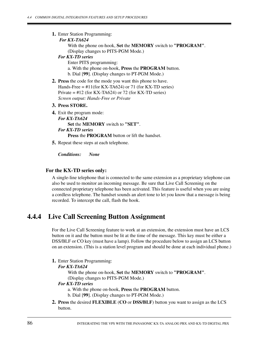 Panasonic KX-TVS50 Live Call Screening Button Assignment, For the KX-TD series only, Set the Memory switch to SET 