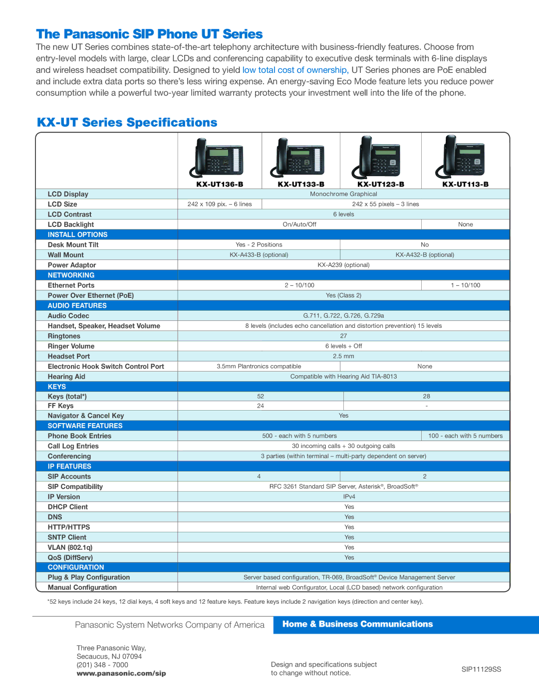 Panasonic warranty Panasonic SIP Phone UT Series, KX-UT Series Specifications 