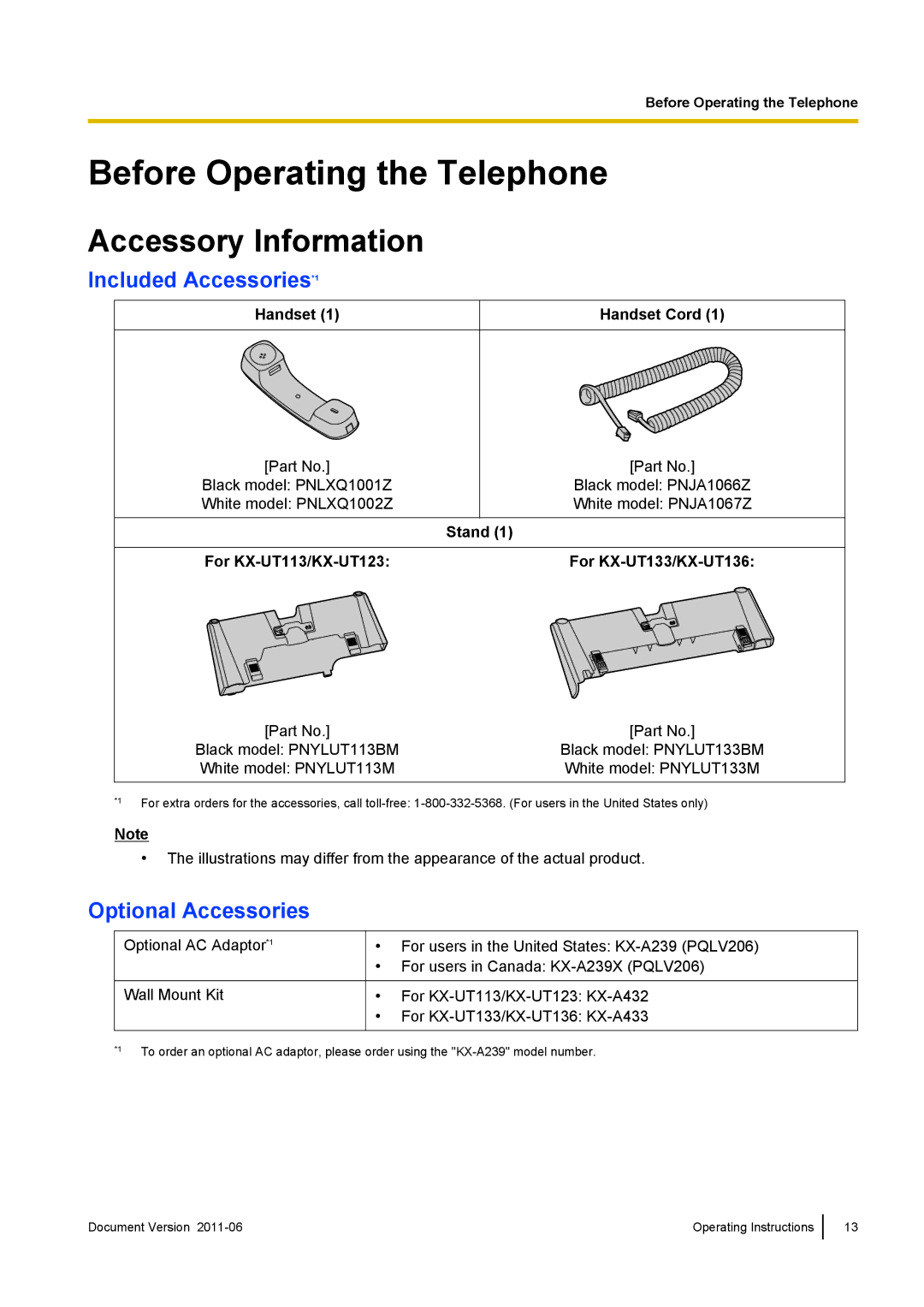 Panasonic KX-UT113 Before Operating the Telephone, Accessory Information, Included Accessories*1, Optional Accessories 